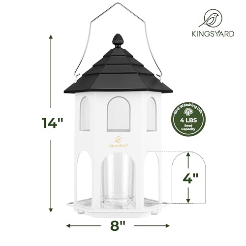 Kingsyard Metal Bird Feeder for Outdoor Hanging, Wild Bird Feeders with Circular Perch, Easy to Clean & Refill, 4 lbs Large Seed Capacity, White - color: White
