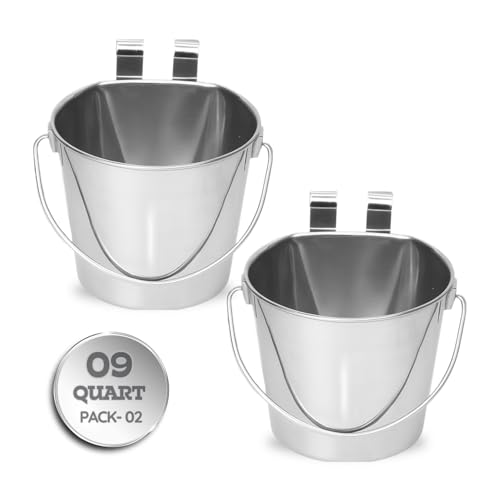 9 Quart Stainless Steel Flat Sided Bucket with Dual Hooks | 2 Pcs Food & Water Bowl for XL Dog Goat Cattle Horse & Livestock | Fits kennel Crate Cages Farm Hanging Pet Pail | Multipurpose - size: 9 Quart (Pack of 2)