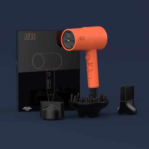 AINA Hair Dryer with Diffuser,Comb Full-Featured Blow Dryer 110V(Orange) | 3 Heat/2 Speed;Cold shut button;Lightweight;Compact Size;High Temp;Low Airflow;Same Results;Less Expense - color: Lava Orange, size: 4 Piece