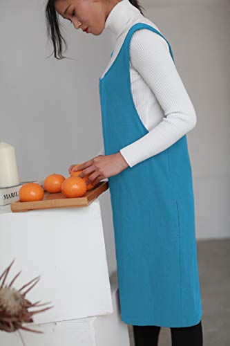 Cotton Linen Japanese Apron Halter Cross Back Bandage X Shape Aprons Two Pockets - color: Sky Blue