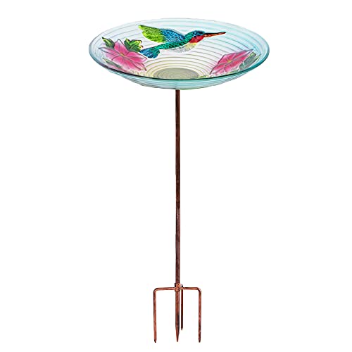 Glass Bird Bath, Garden Outdoor Birdfeeder with Metal Stake, Multi | Birdbaths with metal stand to attract cardinals and blue jays wild birds and beautify outdoor hummingbird gardens decor - color: Multi