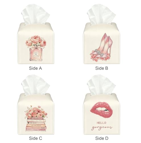 Fashionable Hello Gorgeous Tissue Box Cover, 5.2 Inch Square PU Leather Floral Perfume Lips Tissue Holder, Feminine Decor Gift for Vanity, Bedroom & Dorm - color: White Decoration Theme-08