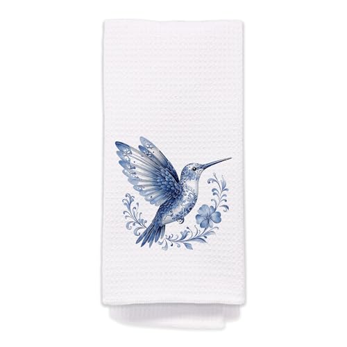 Blue and White Chinoiserie Hummingbird Kitchen Towels, Gifts for Hummingbird Lovers Hand Towels for Bathroom Kitchen, Spring Bird Floral Decorative Dish Tea Towel Dishcloth647 - color: Hcolor008