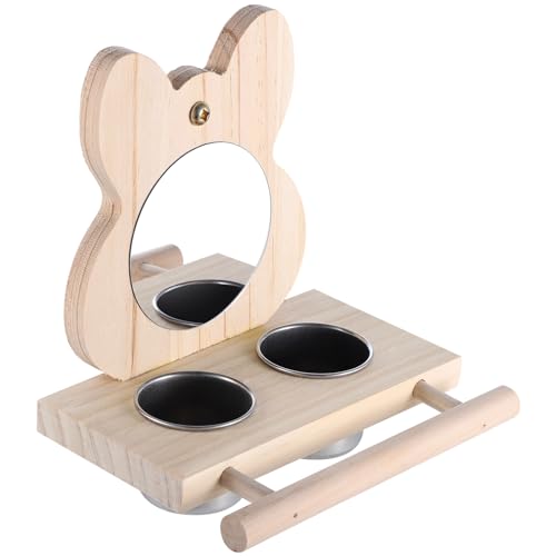 Wood Parrot Perch Mirror Feed Cups, Bird Cage Toy Small Medium Parrots | Dual food water feeding cups, sturdy wooden stand, fits budgie, parakeet, cockatiel, lovebird, african grey and macaw