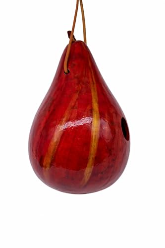 Red Striped Handmade Gourd Birdhouse, 9–11" Tall | Natural Bird House for Outdoors, 1.5" Entrance Hole, For Wrens, Chickadees & Bluebirds, Hanging Garden Decor