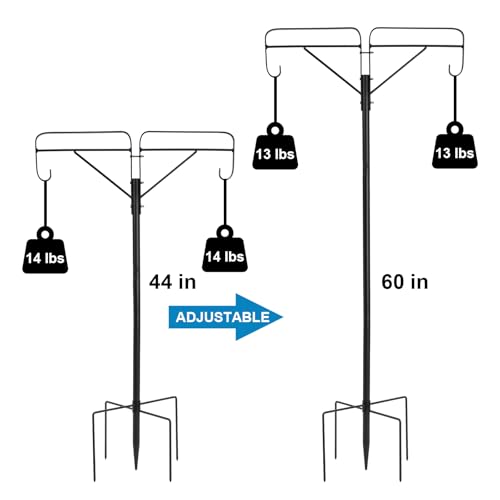 Frcctre Adjustable Double Shepherds Hooks for Outdoor, 61 Inch Tall Bird Feeder Pole with 5 Prongs Base, Heavy Duty Garden Hanger Stand for Hanging Flower Basket, Lantern, Bird Nests