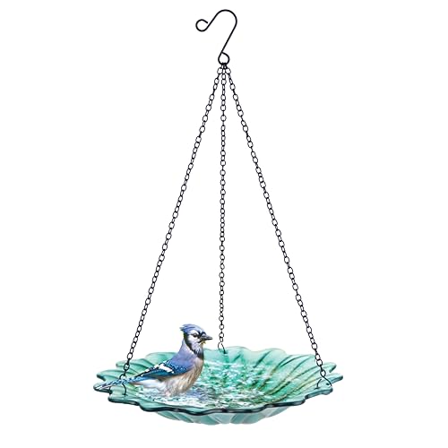 11" Recycled Glass Hanging Combination Bird Feeder and Bath for Wild Birds and Outdoor Décor, 0.625 Quart Capacity, Turquoise Dahlia Floral Design, Hanging Chains Included