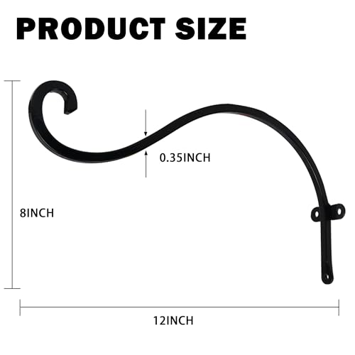 Hourleey 2 Pack Plant Hanger Outdoor, 12 Inch Heavy-Duty Hanging Plant Hook for Outside Basket, Black Metal Wall Mount Plant Bracket Hook for Flower Baskets Bird Feeder - size: 12 Inch-2 Pack