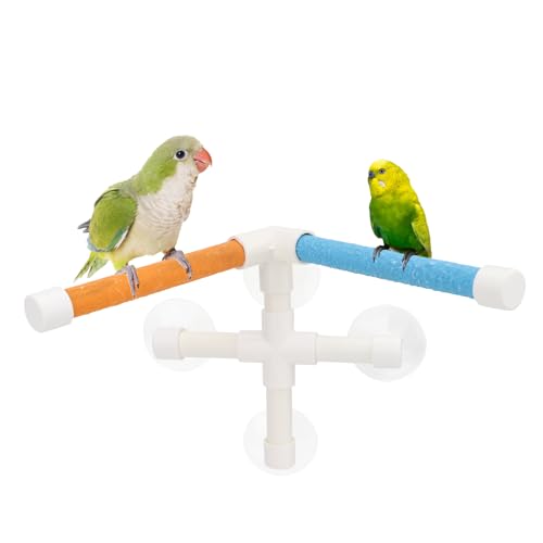 Hypeety Portable Suction Cup Bird Window and Shower Perch Toy Parrot Stand | 3 strong suction cups, parrot bath perch with quartz sand surface, fits windows/tile, for small and medium birds, 2 stands