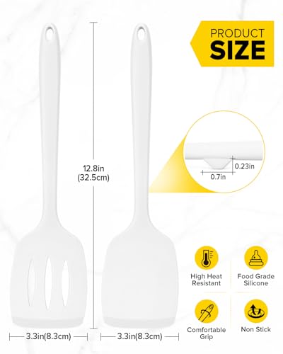 Pack of 2 Silicone Spatula Turners, Non Stick Slotted Kitchen Spatula Set, Heat Resistant BPA Free Kitchen Utensils, One-Piece Design, Suitable for Flipping Fish, Eggs, Steak, Pancakes (WHITE) - color: White