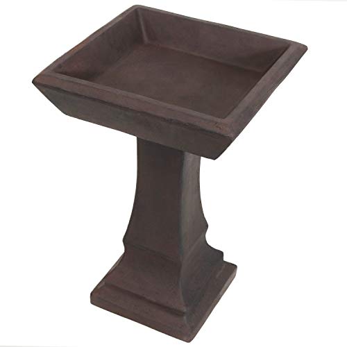 Sunnydaze Square Concrete Bird Bath for Outdoors, 23” H, Brown | Glass Fiber Reinforced Concrete, Easy Assembly, Bird Bath Bowl Holds ½ Gal of Water, Heavy-Duty Cement Bird Bath for Outside - color: Brown