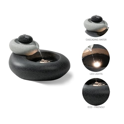 13.39" H Outdoor Water Fountain Made with Eco-Friendly Recyclable Materials, Polyethylene Rock Waterfall Outdoor Fountain, Garden Decor with LED Light & Pump for Patio, Backyard (13.39") - size: 13.39"