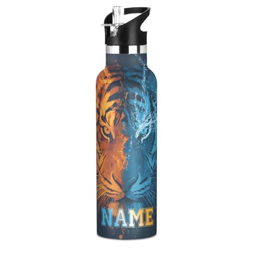 Custom Name Tigers Face Water Bottle for Men Women Personalized Text Insulated ‌Stainless Steel Water Bottle with Straw Lid for School Sport 20 Oz - color: custom tigers face
