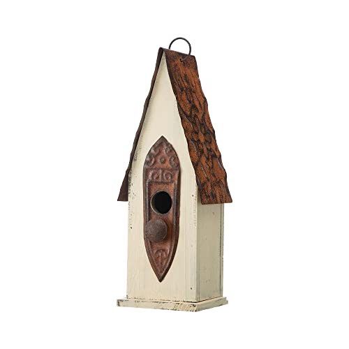 Glitzhome 13.25" Hanging Birdhouse for Outside, Washed White Distressed Solid Wood - Spring Ready Nesting Box & Christmas Garden Gift Idea