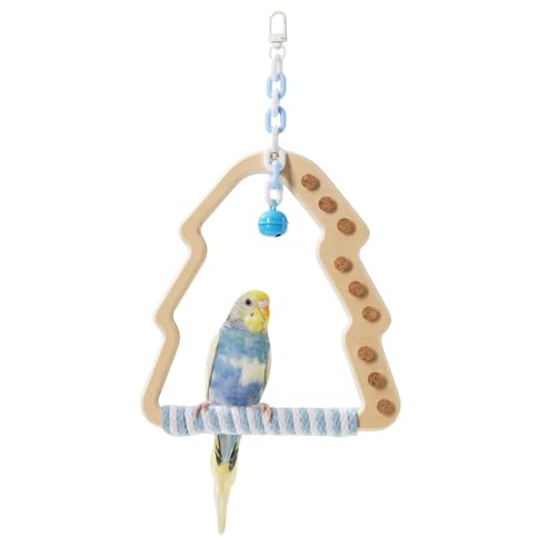 Natural Bird Swing - Tree-Shaped Parrot Perch with Bell and Cork Toys, Spinning Wooden Stand for Parakeets, Budgies, Lovebirds and Small/Medium Birds (White + Blue) - color: Blue, size: 6.57"L x 0.48"W x 7.08"H