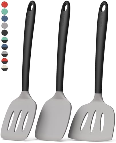 Coukre 3 Pack Silicone Spatula Set, Heat Resistant to 500°F, BPA-Free | Fish Spatula, Solid & Slotted Turners, Dishwasher Safe, Spatula Set for Eggs, Pancakes, Fish & Burgers, GrayBlack - color: GrayBlack