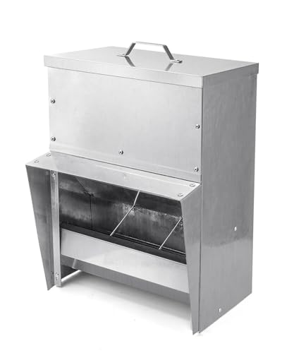 Galvanized Chicken Feeder - 25Lbs Outdoor Waterproof Metal Feeder with Lid, Coop Food Dispenser No Waste for Chicken, Haning or Stand