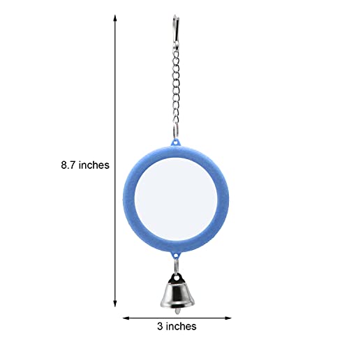 2PCS Bird Mirror with Bell Parrot Hanging Interactive Playing Toy for Cockatiel Parakeets Canaries Budgie Cage Accessories (Blue) - color: Blue