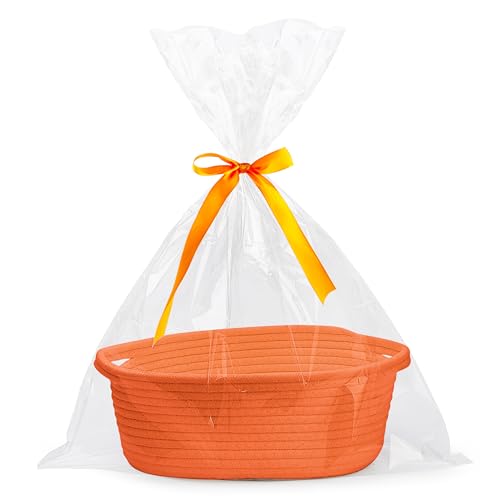 Pro Goleem Small Woven Basket with Gift Bags and Ribbons Durable Baskets for Gifts Empty Small Rope Basket for Storage 12"X 8" X 5" Baby Toy Basket with Handles, Orange - color: Orange