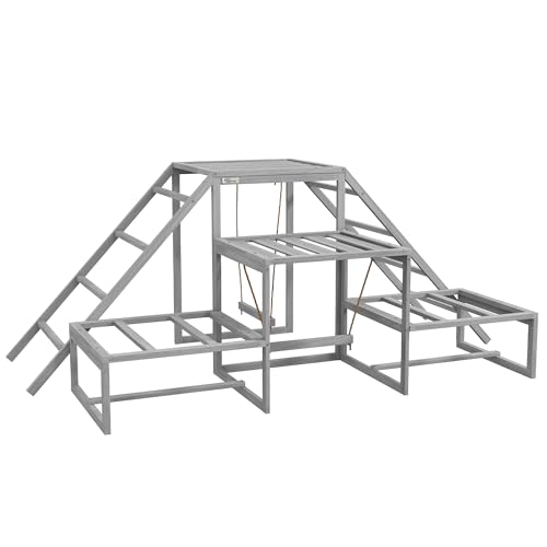 PawHut Chicken Toys for Coop, Chicken Swing Set, Chicken Coop Accessories for Poultry Run with Perches, Wood Stand, Ladder, Platforms, for 10-15 Chickens, Gray | Toys, Coop Accessories for Poultry Run, Ladder, Platforms