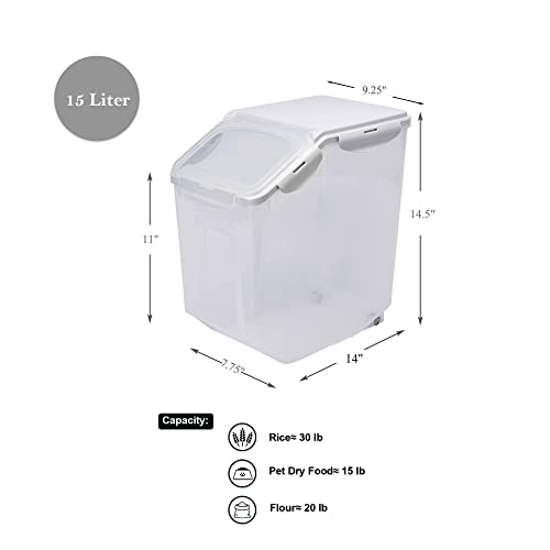 15 Liter / 30 lbs Rice Storage Container with Measuring Cup, BPA free, For Rice | Grain | Pet Food | Flour, 2 counts, Clear