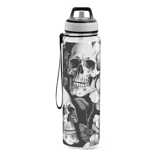 White Skull 32 oz Water Bottle - Clear Tritan, BPA-Free, LeakProof with Carry Strap for Sports, Gym & Outdoor Activities - color: C109