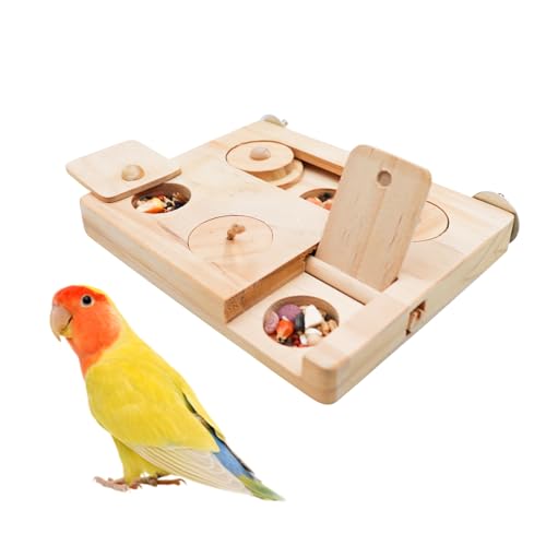 Wooden Bird Foraging Puzzle – Interactive Food Challenge Toy with Sliding Blocks & Locks | Cage-Mounted Enrichment for Budgies, Cockatiels, Conures