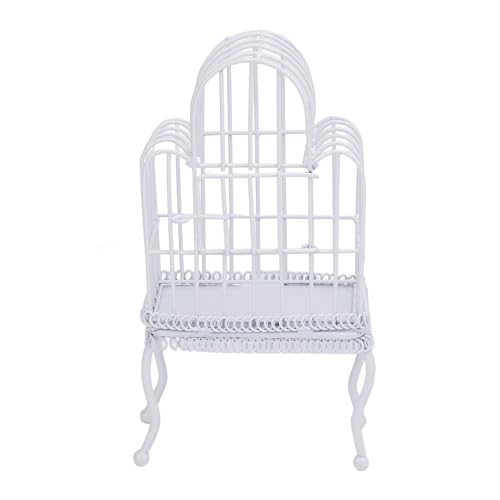 Dollhouse Bird Cage 1:12 Scale Metal Miniature Bird Cage, Realistic Opening Door, Miniature Dollhouse Bird Cage with Artificial Grass Bird Sticker (White)