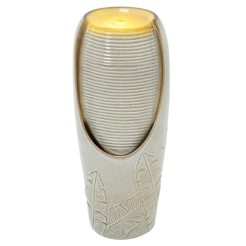 Autodaya 32"H Jar Ceramic Outdoor Water Fountain, Sand Beige Foilage Design | Artisan high-fired ceramic, warm LED ambient lighting, upgraded pump, soothing cascading water feature for garden patio yard - color: 32"h-leaf Pattern Beige Glaze