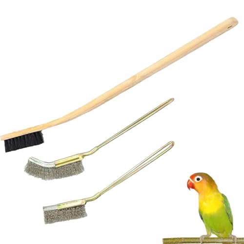 QBLEEV 3 Pack Bird Cage Brush, Long Handle Poop Off Birdcage Cleaner Brush | Wooden & stainless steel bird cage cleaning brushes set, universal cage scraper, durable parrot poop remover accessories