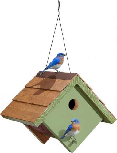 Large Cedar Bluebird House for Outside - Bamboo Shingles Roof Birdhouse for Bluebirds - Weather Proof Metal Protected - 13/16” Thickness Heavy Duty - Detachable and Easy Cleaning (1.5" Hole) - color: Wren&Bluebird