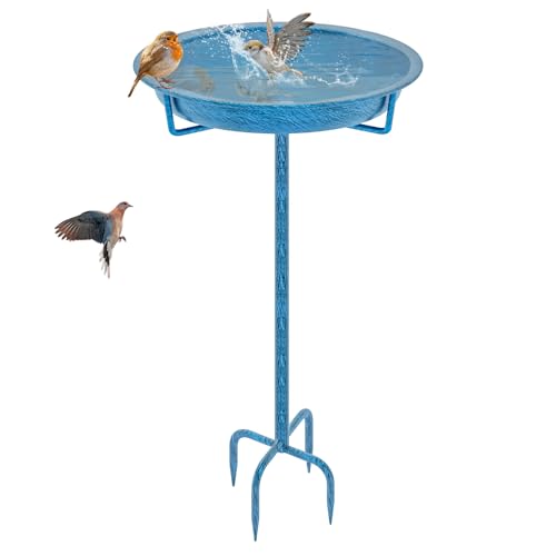 Metal Bird Bath for Outside, 36.2" Height Birdbath Bowl Standing Bird Feeders for Outdoors with 4 Prongs Base Stake, Freestanding Birdfeeders for Garden Yard Lawn Decor (Retro Blue) - color: Retro Blue