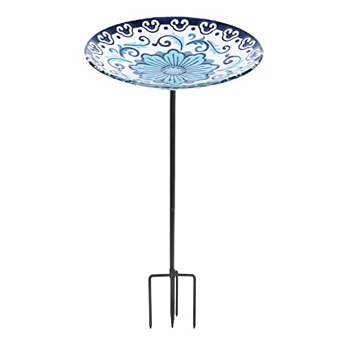 Glass Bird Bath, Garden Outdoor Birdfeeder with Metal Stake, Blue | Birdbaths with metal stand to attract cardinals and blue jays wild birds and beautify outdoor flower gardens decor - color: Blue