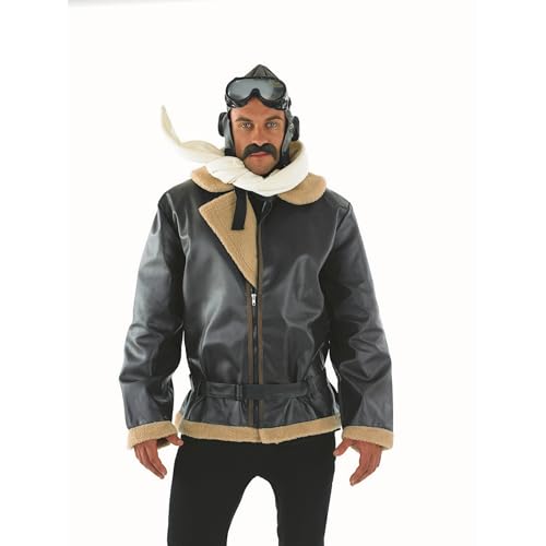 fun shack, Aviator Costume Men, Halloween Costumes for Men | Brown Leather-look Jacket with Beige Fleece Trim, Off-white Scarf Included, Perfect for Halloween, Great for Dress-Up - size: Medium