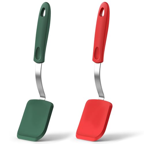 Silicone Cookie Spatula Turner 2 Pack Mini Brownie Spatula Flexible Kitchen Small Silicone Turner for Nonstick Cookware Heat Resistant No Scratch Flipper for Egg(Solid Flat,Red, Green) - color: Red, Green