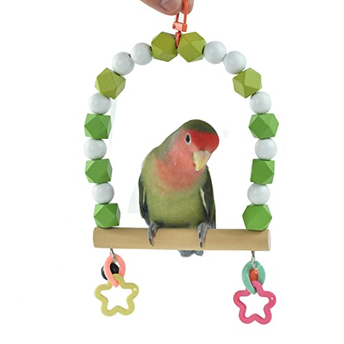 Wooden Bird Swing Perch for Parakeet, Small Birds Hanging Cage Stands | Cockatiels Parrot Chewing Training Toy, Green Wood Beads with Bell, Birdcage Playground Gym Accessories - color: Green