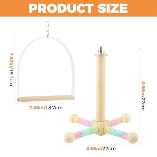 Spinning Bird Stand Perch, 360° Rotating Perch with Swing for Parrot Anxiety Relief, Wooden Bird Cage Accessories for Parakeets Budgies Cockatiels