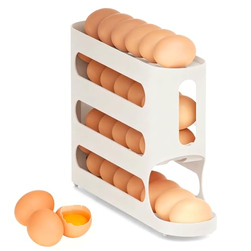 Egg Holder For Fridge, Automatic Rolling Dispenser | Space-Saving Side Door Storage Rack, Generous Design Accommodates Up To 30 Eggs - color: white