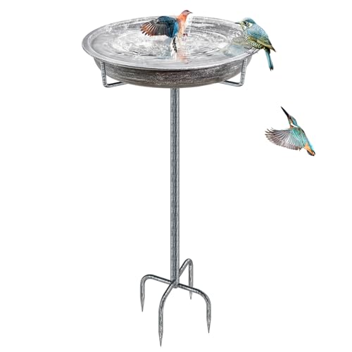 Metal Bird Bath for Outdoors Garden Birdbath Bowl, 36.2" Height Freestanding Bird Feeders for Outside with 4 Prongs Base Stake, Standing Birdfeeders for Yard Lawn Decor (Retro Silver) - color: Retro Silver