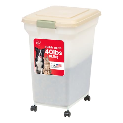 IRIS USA Dog Food Storage Container, Up to 40lbs, Almond/Pearl, Made in USA | Wheels for Mobility, Airtight Seal, BPA-Free, Best for Bird Seed, Cat food, Cat Litter, Chicken Feed, Pellets - color: Almond/Pearl, size: 40 lbs