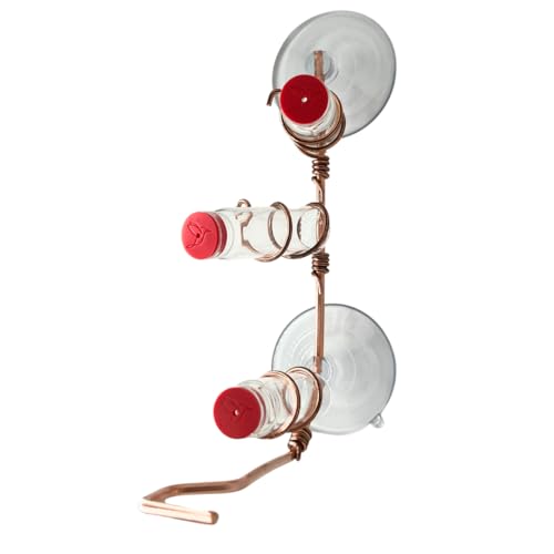 Window Hummingbird Feeder | Handcrafted Copper and Aluminum | Multiple Stations | Modern Hummingbird Feeder | Glass Bottles | Suction Cups (Copper, Three Station) - size: Three Station - Standard Perch