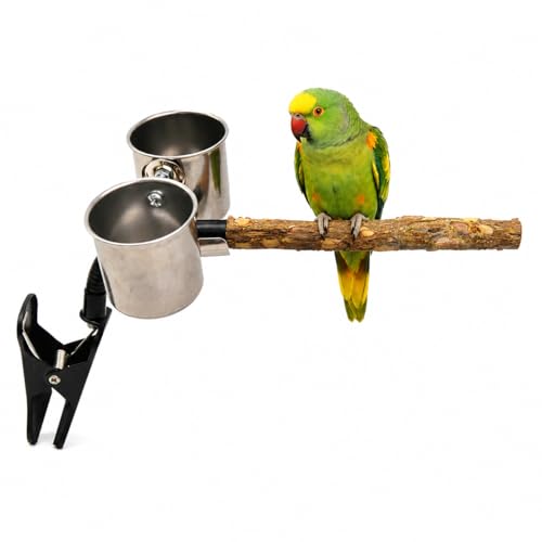 Bird Potty Training Stand with Trash Can Clip, Natural Wood Parrot Perch with 2 Stainless Steel Bowls for Cockatiels, Conures, Budgies, Lovebirds,4248-1