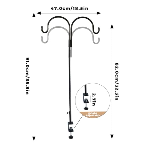Double Shepherds Hooks for Outdoor, Deck Bird Feeder Hanger for Railing, Over The Table Rod Stand with Clamps, Shepherds Hook with Clamp for Lanterns, Wind Chimes, Flower, Plant Baskets