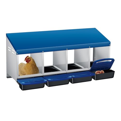 4 Hole Chicken Nesting Boxes, Weatherproof Galvanized Steel Chicken Egg Laying Box with Automatic Rollout Egg Collection, 2-in-1 Handle Perch, Easy Clean & Quick Assemble for Chicken Coop - color: Blue, size: 4 holes