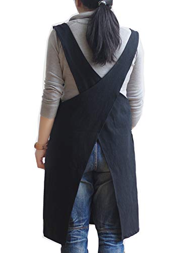 Cotton Linen Japanese Apron Halter Cross Back Bandage X Shape Aprons Two Pockets - color: Black