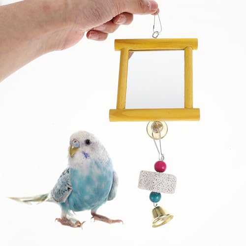 Yardwe Bird Cage Toys 2Pcs Hanging Mirror Toys with Bells and Pecking Blocks for Parrots Chickens Roosters Interactive Chew Toys for Bird Cage