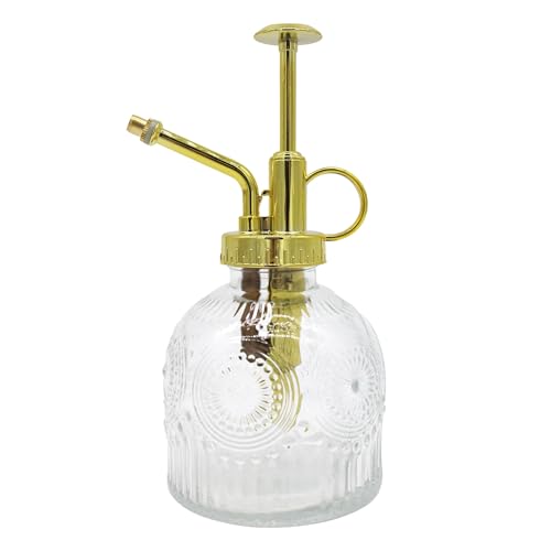 Glass Plant Mister Spray Bottle, 230ML Vintage Plant Spritzer, Succulent Watering Bottle Glass with Top Pump, Small Plants Sprayer Watering Can for Indoor Outdoor House(Clear) - color: White Gold