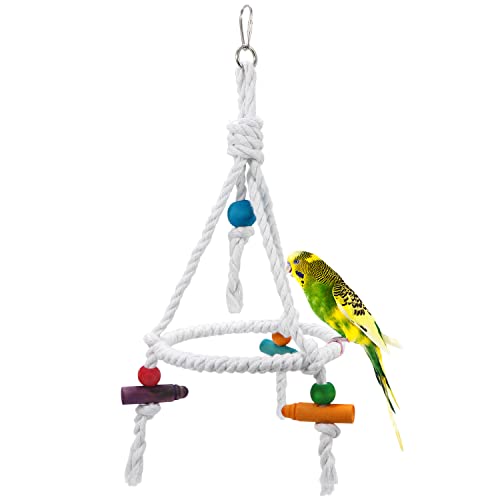 Litewoo Bird Parrot Cotton Swing Round Perch Stand with Chew Toy for Parakeet Budgie Cockatiel Finch Conure Canary Budgie | Natural cotton rope, trims beak, promotes balance & coordination, stand toy for small-medium birds/budgie/cockatiel/conure