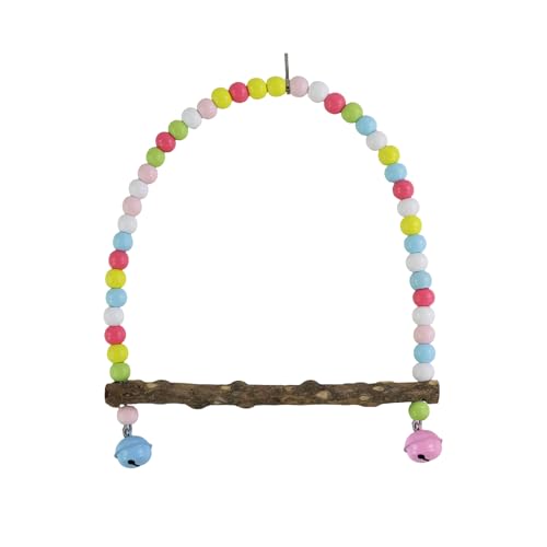 Wooden Bird Swing, 9 Inches Hanging Bird Cage Perches with Playing Bell, Natural Bird Chew Toys Boredom Breaker Bird Toys for Parakeets, Budgie, Cockatiel (Macaron Colors, L) - color: Macaron Colors