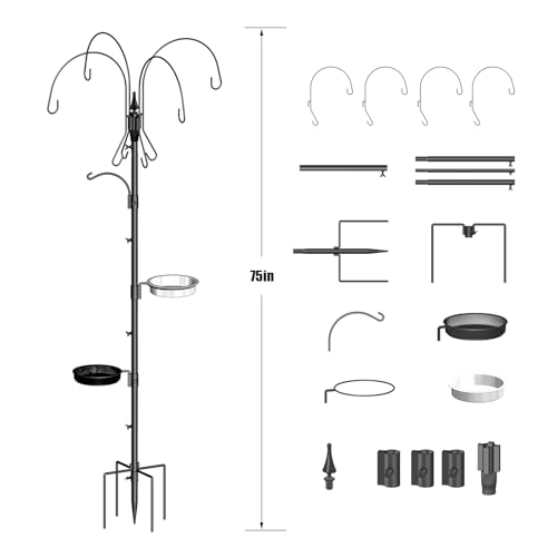 Bird Feeder Pole, 75 Inch 5 Hooks Heavy-Duty Feeder and Water Dispenser Shepherd, Bird Feeding Station with Ground Stake for Outdoors Shepherd Hook - size: 75IN